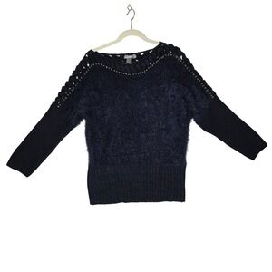 ALBERTO MAKALI Navy Blue Fuzzy Knit Studded Shoulder Sweater XL‎ Warm Soft Artzy